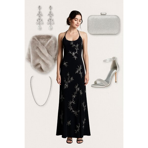 Adrianna Papell Size 8 Evening Gown Black Silver Moonlight Floral Embroidery - Picture 2 of 12